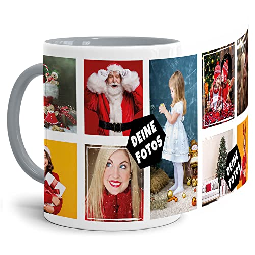 PR Print Royal Foto-Tasse zum selbst gestalten mit Foto-Collage für 9 Wunschfotos - Geschenk für Familie, Freunde, Geburtstag, Weihnachten - Keramik Innen & Henkel Grau, 300 ml I Personalisiert von PR Print Royal