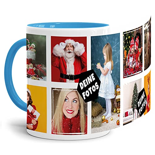 PR Print Royal Foto-Tasse zum selbst gestalten mit Foto-Collage für 9 Wunschfotos - Geschenk für Familie, Freunde, Geburtstag, Weihnachten - Keramik Innen & Henkel Hellblau, 300 ml I Personalisiert von PR Print Royal