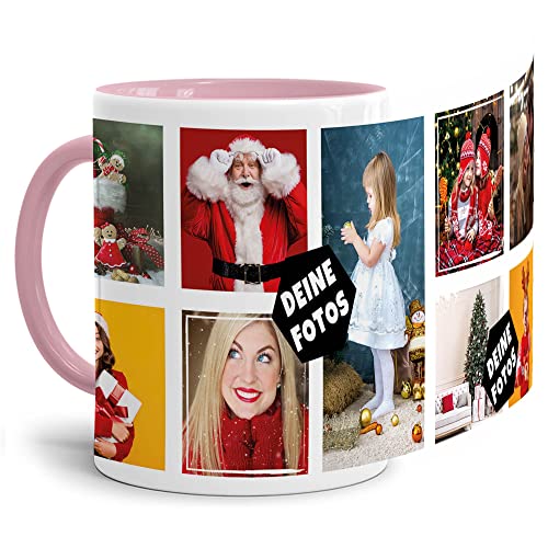 PR Print Royal Foto-Tasse zum selbst gestalten mit Foto-Collage für 9 Wunschfotos - Geschenk für Familie, Freunde, Geburtstag, Weihnachten - Keramik Innen & Henkel Rosa, 300 ml I Personalisiert von PR Print Royal