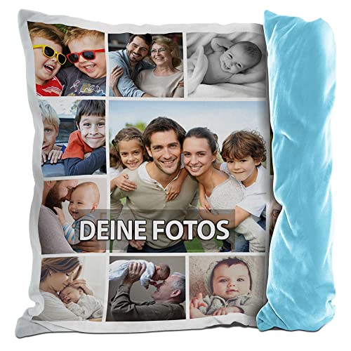 PR Print Royal Fotokissen mit Collage selbst gestalten - mit 13 Fotos Personalisieren - Geschenk für Familie und Freunde | Rückseite Hellblau, inkl. Kissenfüllung, 40x40cm von PR Print Royal