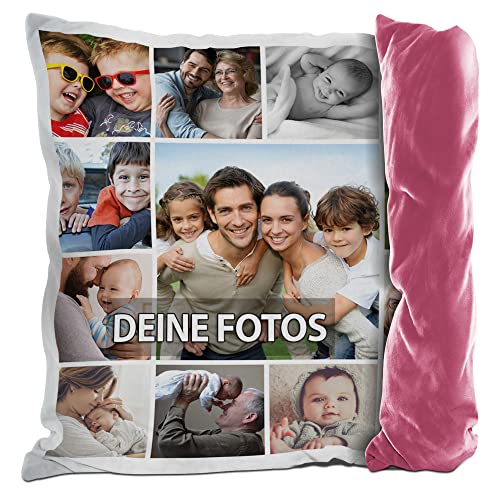 PR Print Royal Fotokissen mit Collage selbst gestalten - mit 13 Fotos Personalisieren - Geschenk für Familie und Freunde | Rückseite Pink, inkl. Kissenfüllung, 40x40cm von PR Print Royal