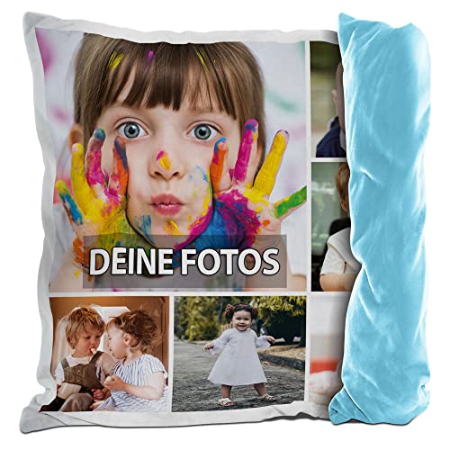 PR Print Royal Fotokissen mit Collage selbst gestalten - mit 6 Fotos Personalisieren - Geschenk für Familie und Freunde | Rückseite Hellblau, inkl. Kissenfüllung, 40x40cm von PR Print Royal