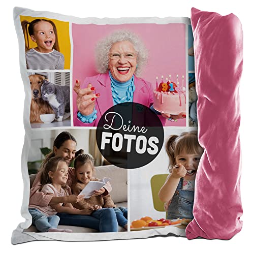 PR Print Royal Fotokissen mit Collage selbst gestalten - mit 7 Fotos Personalisieren - Geschenk für Familie und Freunde | Rückseite Pink, inkl. Kissenfüllung, 40x40cm von PR Print Royal