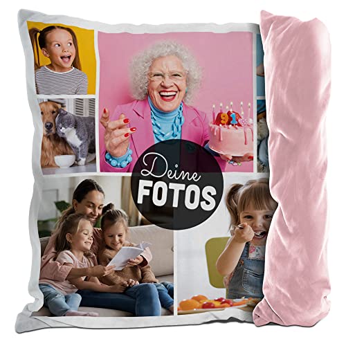 PR Print Royal Fotokissen mit Collage selbst gestalten - mit 7 Fotos Personalisieren - Geschenk für Familie und Freunde | Rückseite Rosa, inkl. Kissenfüllung, 40x40cm von PR Print Royal