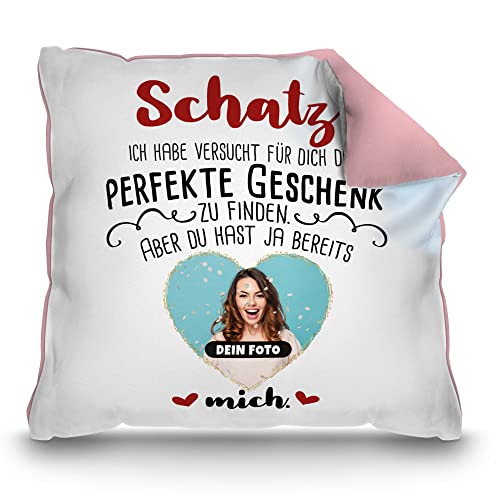 PR Print Royal Fotokissen mit Spruch gestalten Kissen mit Foto in Herzform - Geschenke zum Jahrestag | inkl. Füllung, Rückseite Rosa, 40 x 40 cm von PR Print Royal