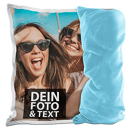 PR Print Royal Flauschiges Fotokissen selbst gestalten - inklusive Kissenfüllung - Fotokissen personalisierbar mit Foto und Wunschtext | 40 x 40 cm - flauschig - Rückseite Hellblau von PR Print Royal