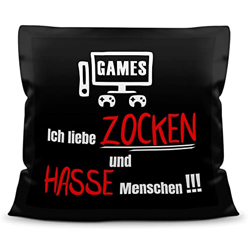 PR Print Royal Gaming-Kissen mit Spruch - Ich Liebe zocken & Hasse Menschen - Geschenke für Zocker, Gamer, Geburtstag, Kumpels, Zocken - Deko Satin-Kissen schwarz, 45x45 cm von PR Print Royal