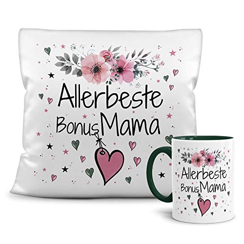 PR Print Royal Geschenk-Set aus Tasse und Kissen mit Füllung - Allerbeste Bonus Mama - Persönliche Geschenkidee für Beste Freunde, Verwandte und Familie - weiß/dunkelgrün von PR Print Royal