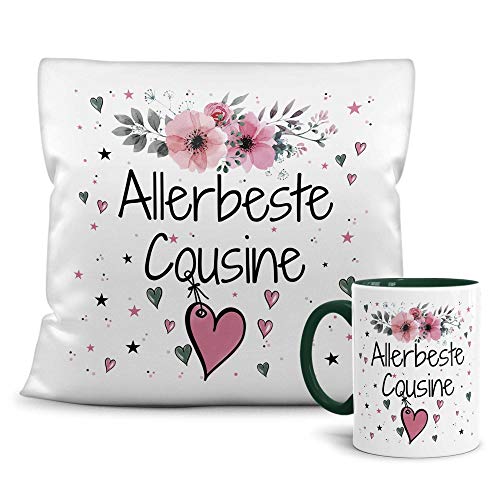 PR Print Royal Geschenk-Set aus Tasse und Kissen mit Füllung - Allerbeste Cousine - Persönliche Geschenkidee für Beste Freunde, Verwandte und Familie - weiß/dunkelgrün von PR Print Royal