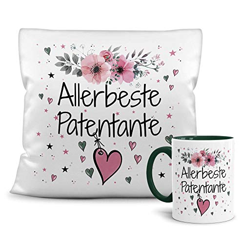 PR Print Royal Geschenk-Set aus Tasse und Kissen mit Füllung - Allerbeste Patentante - Persönliche Geschenkidee für Beste Freunde, Verwandte und Familie - weiß/dunkelgrün von PR Print Royal