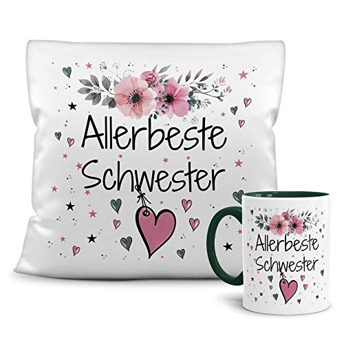 PR Print Royal Geschenk-Set aus Tasse und Kissen mit Füllung - Allerbeste Schwester - Persönliche Geschenkidee für Beste Freunde, Verwandte und Familie - weiß/dunkelgrün PR Print Royal Geschenk-Set aus Tasse und Kissen mit Füllung - Allerbeste Schwester - Persönliche Geschenkidee für Beste Freunde, Verwandte und Familie - weiß/dunkelgrün von PR Print Royal
