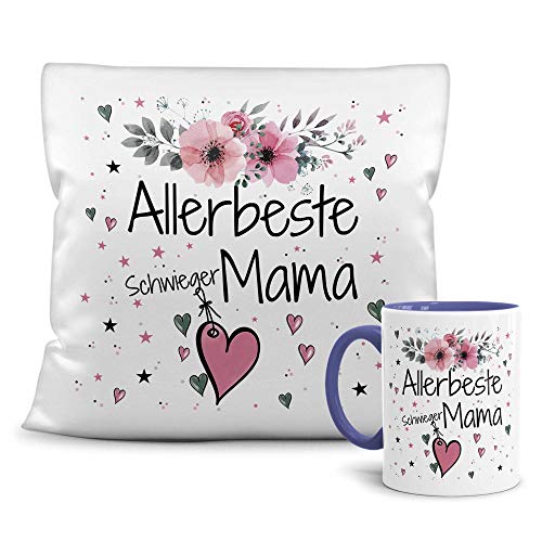 PR Print Royal Geschenk-Set aus Tasse und Kissen mit Füllung - Allerbeste Schwiegermama - Persönliche Geschenkidee für Beste Freunde, Verwandte und Familie - weiß/blau von PR Print Royal