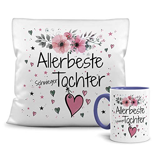 PR Print Royal Geschenk-Set aus Tasse und Kissen mit Füllung - Allerbeste Schwiegertochter - Persönliche Geschenkidee für Beste Freunde, Verwandte und Familie - weiß/blau von PR Print Royal