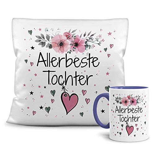 PR Print Royal Geschenk-Set aus Tasse und Kissen mit Füllung - Allerbeste Tochter - Persönliche Geschenkidee für Beste Freunde, Verwandte und Familie - weiß/blau von PR Print Royal