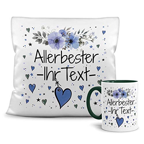 PR Print Royal Geschenk-Set aus Tasse und Kissen mit Füllung - Allerbester Ihr Wunschname blau - Persönliche Geschenkidee für Beste Freunde - personalisierbar - weiß/dunkelgrün von PR Print Royal