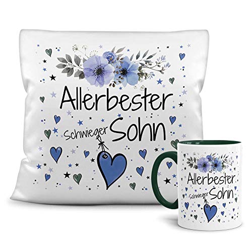 PR Print Royal Geschenk-Set aus Tasse und Kissen mit Füllung - Allerbester Schwiegersohn - Persönliche Geschenkidee für Beste Freunde, Verwandte und Familie - weiß/dunkelgrün von PR Print Royal