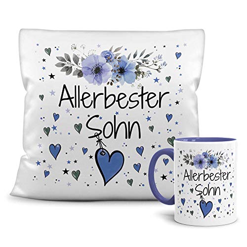 PR Print Royal Geschenk-Set aus Tasse und Kissen mit Füllung - Allerbester Sohn - Persönliche Geschenkidee für Beste Freunde, Verwandte und Familie - weiß/blau von PR Print Royal