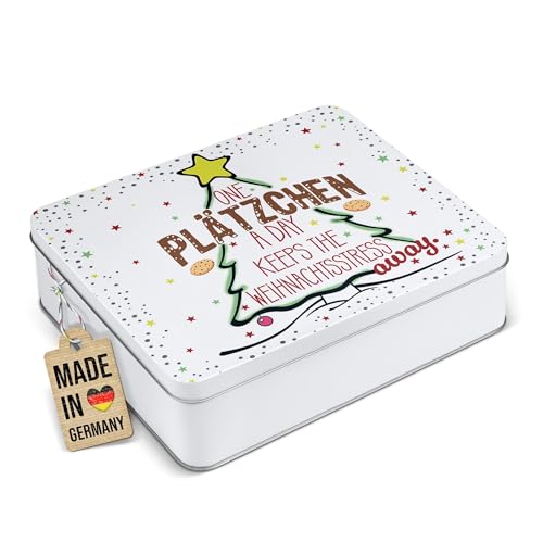 PR Print Royal Geschenkdose mit lustigem Spruch - One Plätzchen a day - Blechdose bedrucken, Keksdose, Aufbewahrungsdose - Weihnachtsgeschenke | Rechteckig weiß, 1500 ml von PR Print Royal
