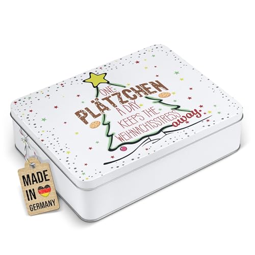 PR Print Royal Geschenkdose mit lustigem Spruch - One Plätzchen a day - Blechdose bedrucken, Keksdose, Aufbewahrungsdose - Weihnachtsgeschenke | Rechteckig weiß, 2500 ml von PR Print Royal