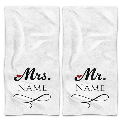 PR Print Royal Handtuch Personalisieren - 2er-Set - Mr. and Mrs. in weiß - mit Name selbst gestalten - Handtuch Bedrucken, Hochzeitsgeschenke, Geschenk zur Hochzeit | Fotogeschenk - 100 x 50 von PR Print Royal
