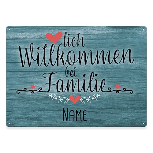 PR Print Royal Haustürschild mit Name - Herzlich Willkommen bei Familie - Metallschild mit Familienname Personalisieren, Outdoorschild aus Aluminium | Wetterfest, 28x20 cm von PR Print Royal