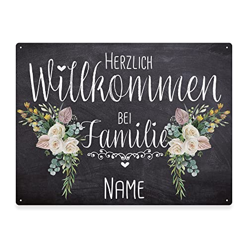 PR Print Royal Haustürschild mit Name - Herzlich Willkommen bei Familie - Metallschild mit Familienname Personalisieren, Outdoorschild aus Aluminium | Wetterfest, Blumen-Motiv, 21x15 cm von PR Print Royal