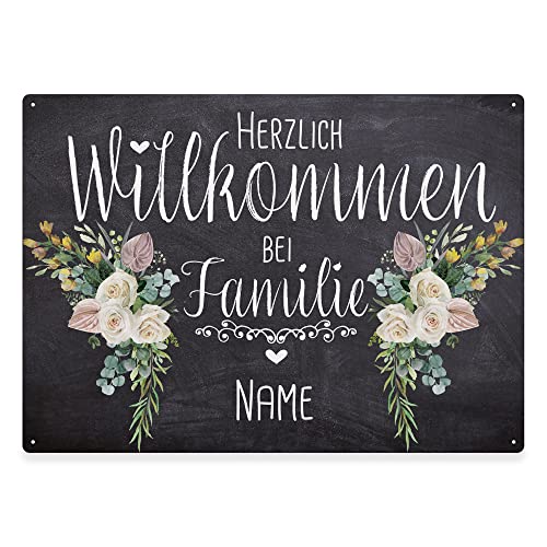 PR Print Royal Haustürschild mit Name - Herzlich Willkommen bei Familie - Metallschild mit Familienname Personalisieren, Outdoorschild aus Aluminium | Wetterfest, Blumen-Motiv, 28x20 cm von PR Print Royal