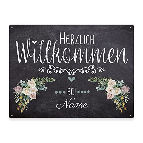 PR Print Royal Haustürschild mit Name - Herzlich Willkommen bei - Metallschild mit Nachname Personalisieren, Outdoorschild aus Aluminium | Wetterfest, Blumen-Motiv, 21x15 cm von PR Print Royal