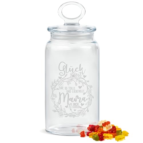 PR Print Royal Keksdose aus Glas mit Gravur - 1100 ml - Glück ist, eine Mama wie dich zu haben - Geschenk zum Muttertag, Weihnachten oder Geburtstag, Geschenk für Mama von PR Print Royal