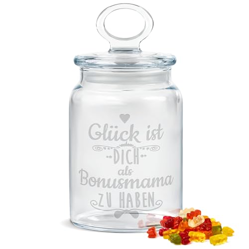 PR Print Royal Keksdose aus Glas mit Gravur - 800 ml - Glück ist, eine Bonusmama wie dich zu haben - Geschenk zum Muttertag, Weihnachten oder Geburtstag, Geschenk für Bonusmama von PR Print Royal