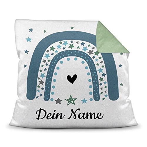 PR Print Royal Kinder-Kissen selbst gestalten mit Name - Regenbogen + Sterne - Geschenk für Kinder, Mädchen & Jungen - inkl. Füllung, Farbkissen Rückseite Grün, 40x40 cm I Personalisiert von PR Print Royal