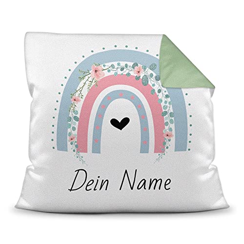 PR Print Royal Kinder-Kissen selbst gestalten mit Name - Regenbogen Blumen - Geschenk für Kinder, Mädchen & Jungen - inkl. Füllung, Farbkissen Rückseite Grün, 40x40 cm I Personalisiert von PR Print Royal