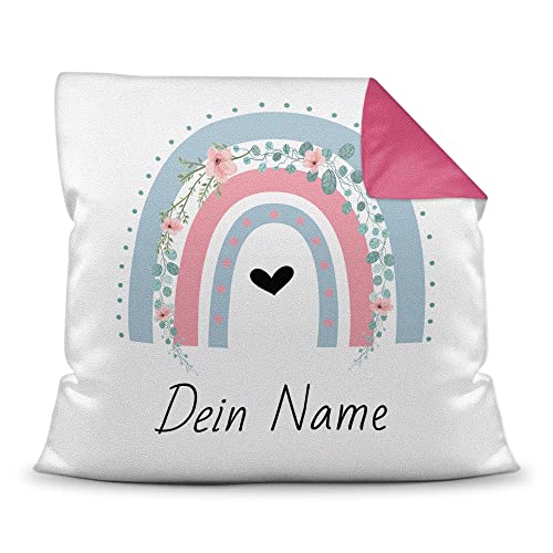 PR Print Royal Kinder-Kissen selbst gestalten mit Name - Regenbogen Blumen - Geschenk für Kinder, Mädchen & Jungen - inkl. Füllung, Farbkissen Rückseite Pink, 40x40 cm I Personalisiert von PR Print Royal