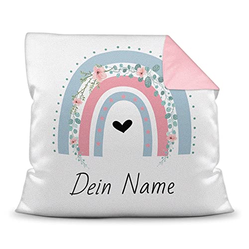 PR Print Royal Kinder-Kissen selbst gestalten mit Name - Regenbogen Blumen - Geschenk für Kinder, Mädchen & Jungen - inkl. Füllung, Farbkissen Rückseite Rosa, 40x40 cm I Personalisiert von PR Print Royal