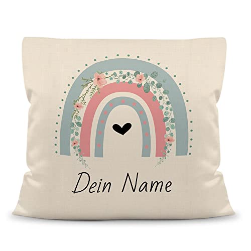 PR Print Royal Kinder-Kissen selbst gestalten mit Name - Regenbogen Blumen - Geschenk für Kinder, Mädchen & Jungen - inkl. Füllung, Kissen Polyester Beige, 40x40 cm I Personalisiert von PR Print Royal