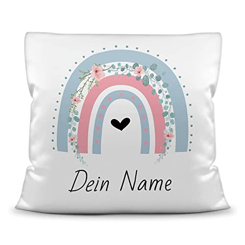 PR Print Royal Kinder-Kissen selbst gestalten mit Name - Regenbogen Blumen - Geschenk für Kinder, Mädchen & Jungen - inkl. Füllung, Kissen Polyester Weiß, 40x40 cm I Personalisiert von PR Print Royal