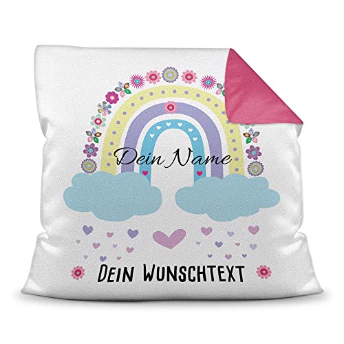 PR Print Royal Kinder-Kissen selbst gestalten mit Name & Text - Regenbogen Wolken - Geschenk für Kinder, Mädchen & Jungen - inkl. Füllung, Farbkissen Rückseite Pink, 40x40 cm I Personalisiert von PR Print Royal