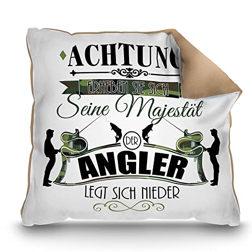 PR Print Royal Kissen Bedrucken mit lustigem Spruch - Seine Majestät der Angler - Geschenk für Angler, Fischer und Fans vom Angelsport | Rückseite Mokka, inkl. Kissenfüllung, 40 x 40 cm von PR Print Royal