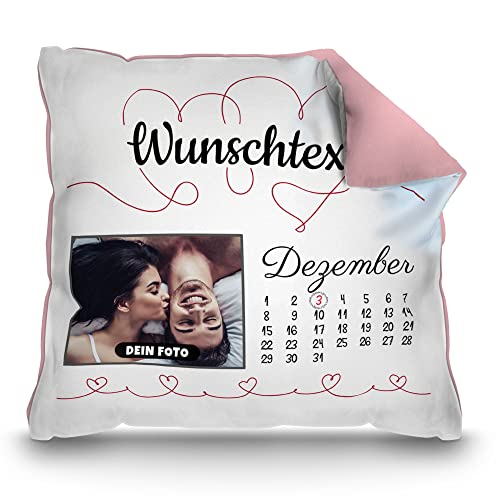 PR Print Royal Kissen Kalender selbst gestalten - mit anpassbarem Jahrestag, Text & Foto Bedrucken - Geschenk Valentinstag, Jahrestag, Paar, Liebe | inkl. Füllung, Rückseite Rosa, 40 x 40 cm von PR Print Royal