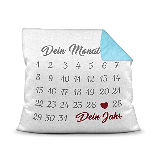 PR Print Royal Kissen Kalender selbst gestalten - mit anpassbarem Jahrestag, mit Namen & Text Bedrucken - Geschenk Valentinstag, Jahrestag, Paar, Liebe - inkl. Füllung, Farbkissen Rückseite Hellblau von PR Print Royal