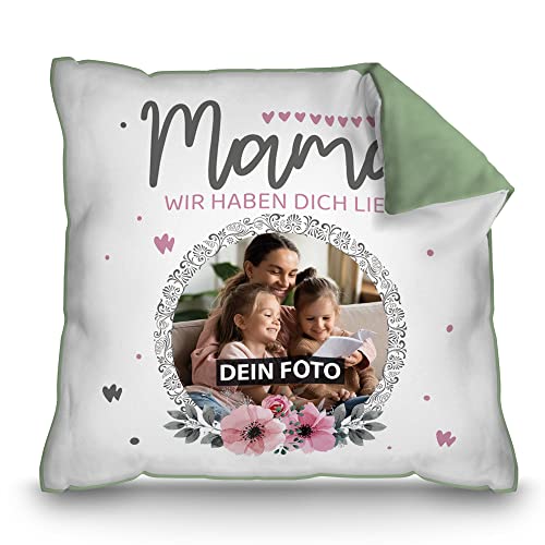 PR Print Royal Kissen mit Foto für Mama selbst gestalten - Wir haben Dich lieb - Geburtstagsgeschenk Mama, Geschenk für Mama zum Muttertag, Personalisiertes Geschenk | mit Füllung, Rückseite Grün von PR Print Royal