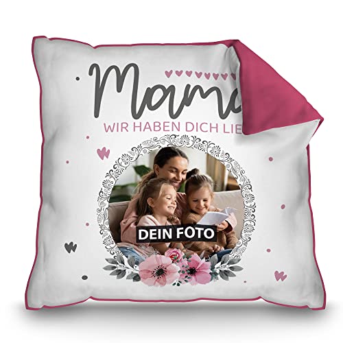 PR Print Royal Kissen mit Foto für Mama selbst gestalten - Wir haben Dich lieb - Geburtstagsgeschenk Mama, Geschenk für Mama zum Muttertag, Personalisiertes Geschenk | mit Füllung, Rückseite Pink von PR Print Royal