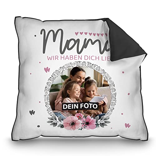 PR Print Royal Kissen mit Foto für Mama selbst gestalten - Wir haben Dich lieb - Geburtstagsgeschenk Mama, Geschenk für Mama zum Muttertag, Personalisiertes Geschenk | mit Füllung, Rückseite Schwarz von PR Print Royal