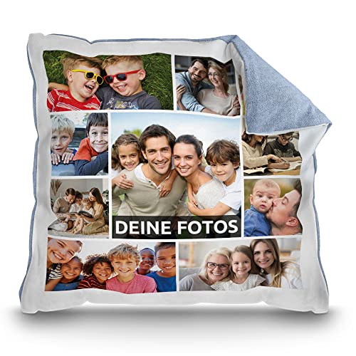 PR Print Royal Kissen mit Fotocollage selbst gestalten - mit 10 Fotos Personalisieren - Geschenk für Freunde und Familie | Rückseite Pastellblau, inkl. Kissenfüllung, 40x40cm von PR Print Royal