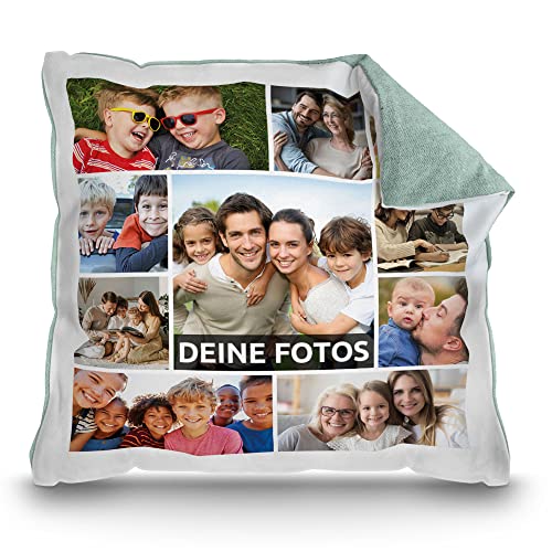 PR Print Royal Kissen mit Fotocollage selbst gestalten - mit 10 Fotos Personalisieren - Geschenk für Freunde und Familie | Rückseite Pastellgrün, inkl. Kissenfüllung, 40x40cm von PR Print Royal