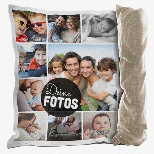 PR Print Royal Kissen mit Fotocollage selbst gestalten - mit 13 Fotos Personalisieren - Geschenk für Familie und Freunde | Rückseite Beige Gemustert, inkl. Kissenfüllung, 40x40cm von PR Print Royal