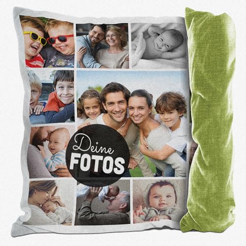 PR Print Royal Kissen mit Fotocollage selbst gestalten - mit 13 Fotos Personalisieren - Geschenk für Familie und Freunde | Rückseite Hellgrün Gemustert, inkl. Kissenfüllung, 40x40cm von PR Print Royal