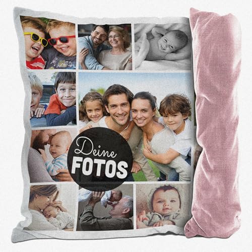 PR Print Royal Kissen mit Fotocollage selbst gestalten - mit 13 Fotos Personalisieren - Geschenk für Familie und Freunde | Rückseite Pink Gemustert, inkl. Kissenfüllung, 40x40cm von PR Print Royal