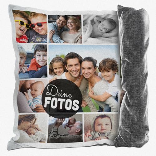 PR Print Royal Kissen mit Fotocollage selbst gestalten - mit 13 Fotos Personalisieren - Geschenk für Familie und Freunde | Rückseite Schwarz Gemustert, inkl. Kissenfüllung, 40x40cm von PR Print Royal