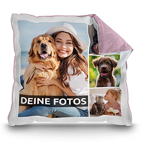 PR Print Royal Kissen mit Fotocollage selbst gestalten - mit 4 Fotos Personalisieren - Geschenk für Freunde und Familie | Rückseite Pastellrosa, inkl. Kissenfüllung, 40x40cm von PR Print Royal